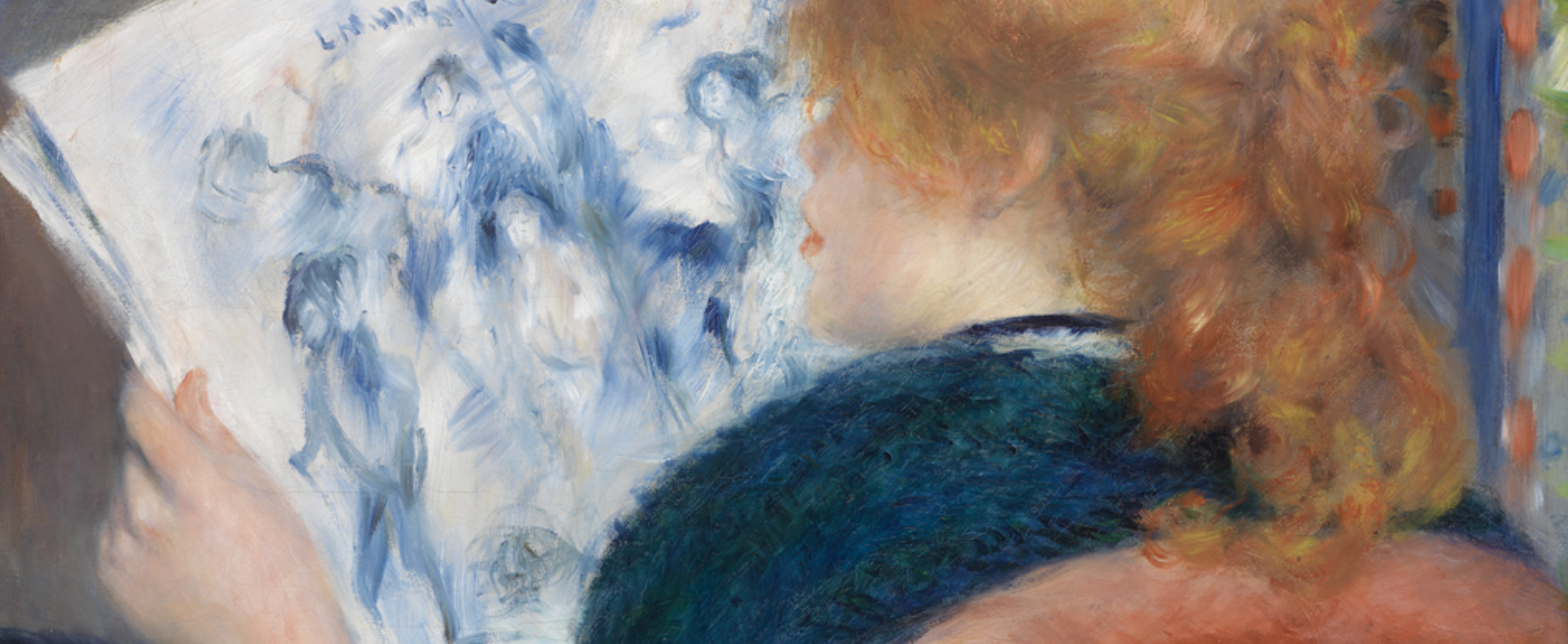 Detail of an Impressionist painting: a young woman reading an illustrated journal
